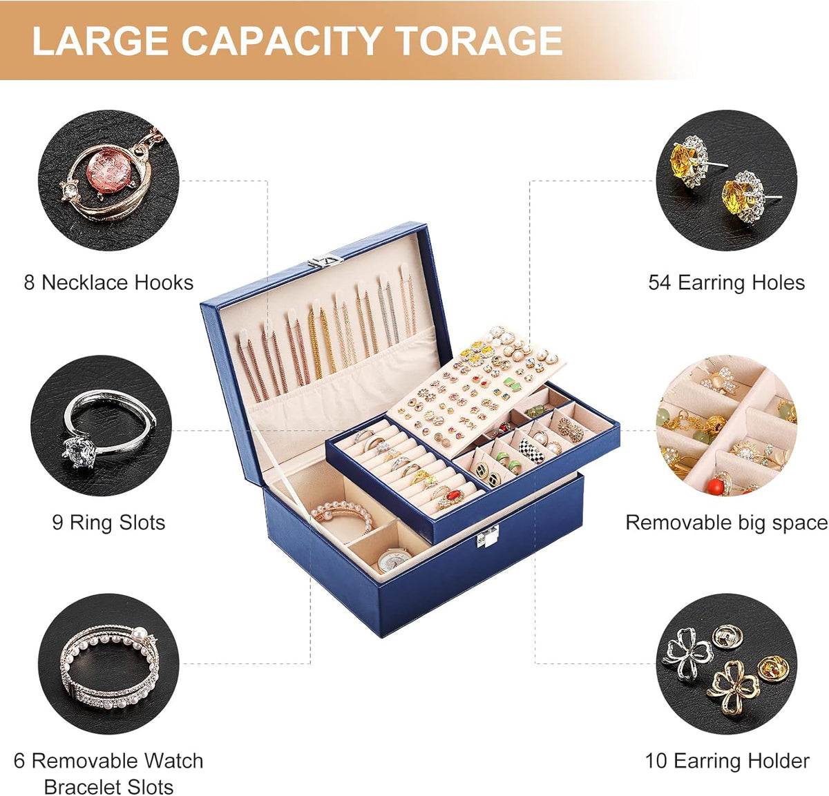 Jewelry Box Organizer for Women Girls 2 Layer Leather Travel Jewelry Storage Case with Lock and Removable Tray for Necklace Earrings Rings Bracelets Gift, Come with Polishing Cloth and Jewelry Bags