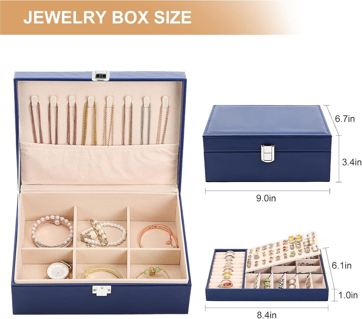 Jewelry Box Organizer for Women Girls 2 Layer Leather Travel Jewelry Storage Case with Lock and Removable Tray for Necklace Earrings Rings Bracelets Gift, Come with Polishing Cloth and Jewelry Bags