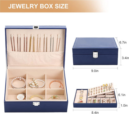 Jewelry Box Organizer for Women Girls 2 Layer Leather Travel Jewelry Storage Case with Lock and Removable Tray for Necklace Earrings Rings Bracelets Gift, Come with Polishing Cloth and Jewelry Bags