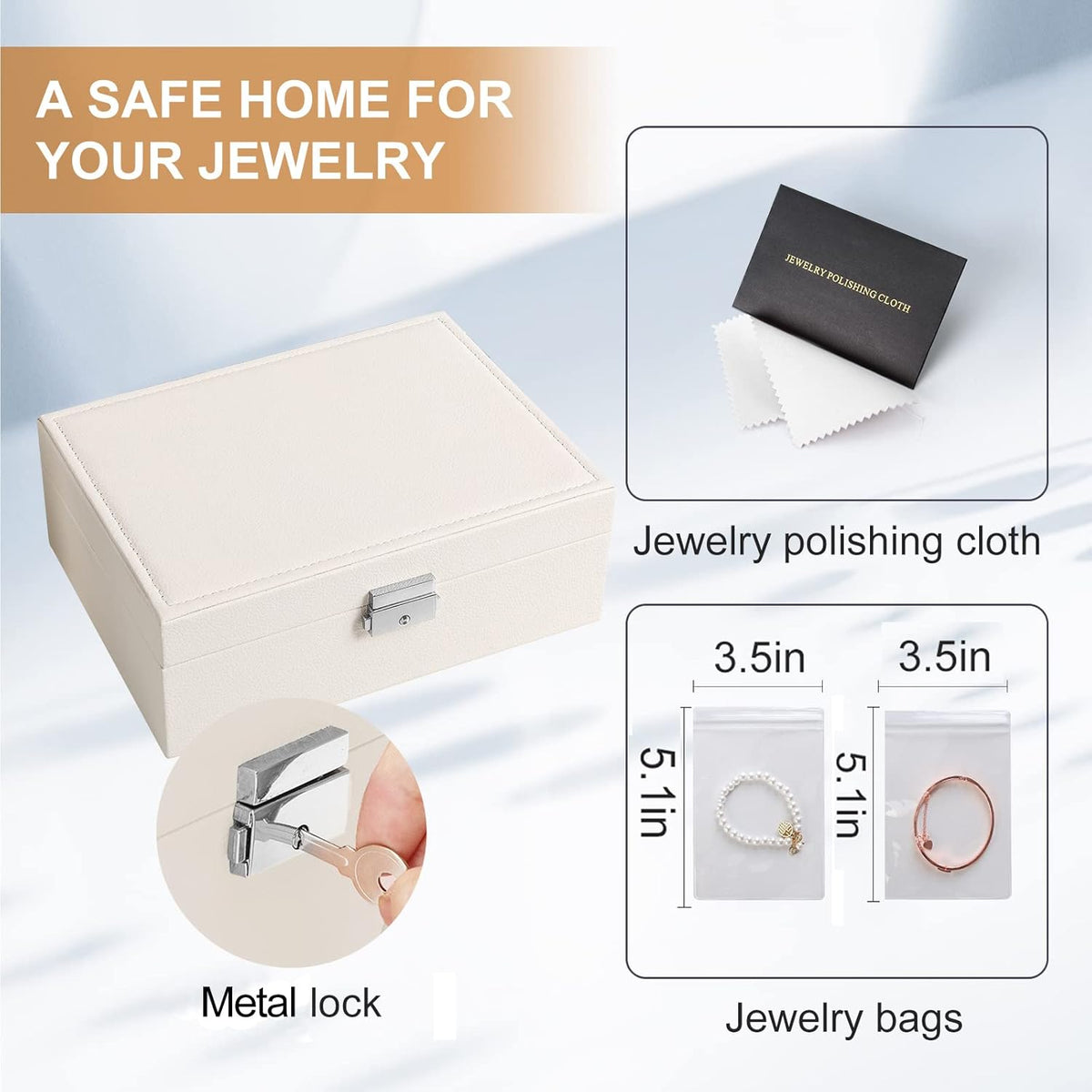 Jewelry Box Organizer for Women Girls 2 Layer Leather Travel Jewelry Storage Case with Lock and Removable Tray for Necklace Earrings Rings Bracelets Gift, Come with Polishing Cloth and Jewelry Bags