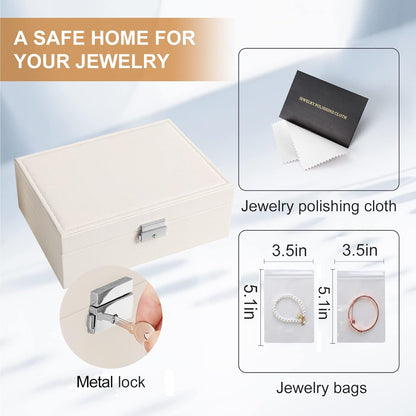 Jewelry Box Organizer for Women Girls 2 Layer Leather Travel Jewelry Storage Case with Lock and Removable Tray for Necklace Earrings Rings Bracelets Gift, Come with Polishing Cloth and Jewelry Bags
