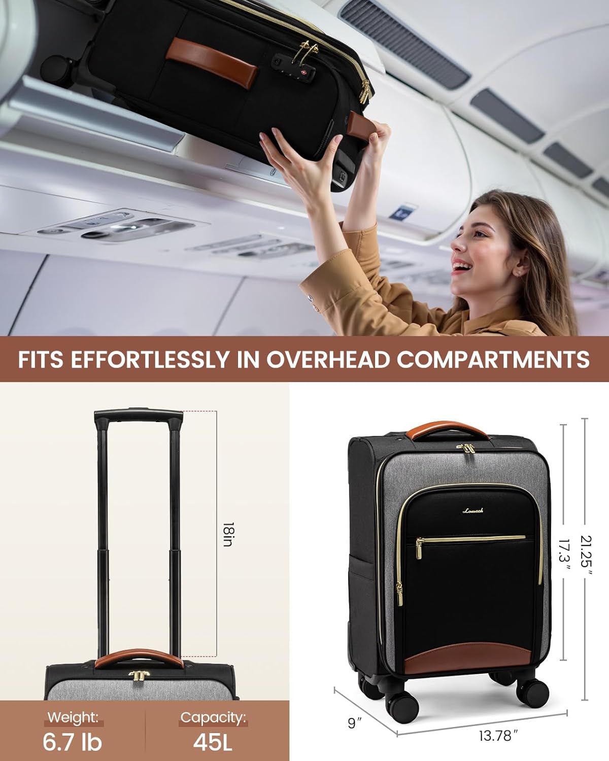 Underseat Carry On Luggage With Wheels, 16 Inch Softside Underseat Luggage Spinner, 18x14x8 inches Travel Bag With TSA Lock, Water-Resistant Lightwhight Personal Item for Travel