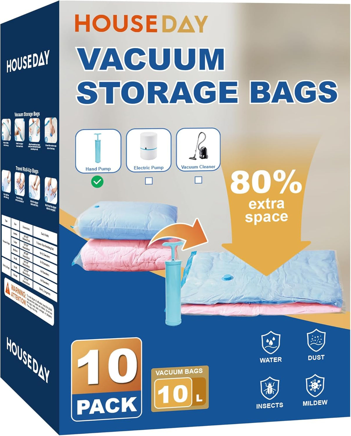 10 Large Vacuum Storage Bags with Pump,Space Saving Vacuum Seal Bags For Clothing Travel, Vacuum Storage Bags For Clothes, Comforters, Blankets, Pillows, Moving, Reusable & Durable,Hand Pump