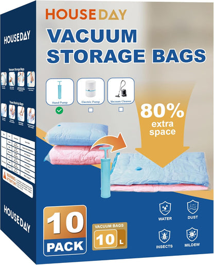 10 Large Vacuum Storage Bags with Pump,Space Saving Vacuum Seal Bags For Clothing Travel, Vacuum Storage Bags For Clothes, Comforters, Blankets, Pillows, Moving, Reusable & Durable,Hand Pump