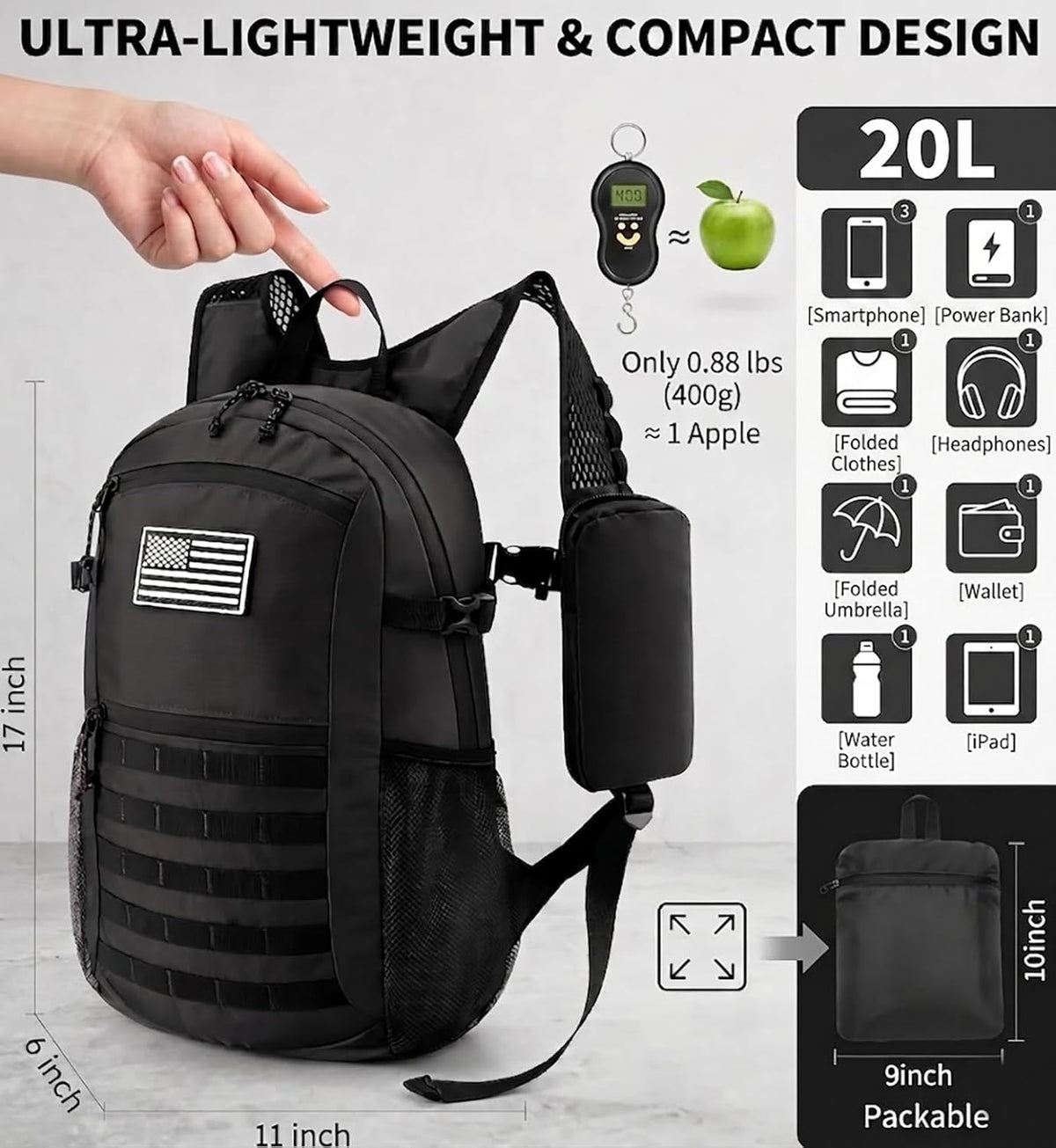 Small 20L Foldable Hiking Daypack for Men Women – Ultra Lightweight Tactical Packable Backpack for Travel, Camping Outdoor, Blue