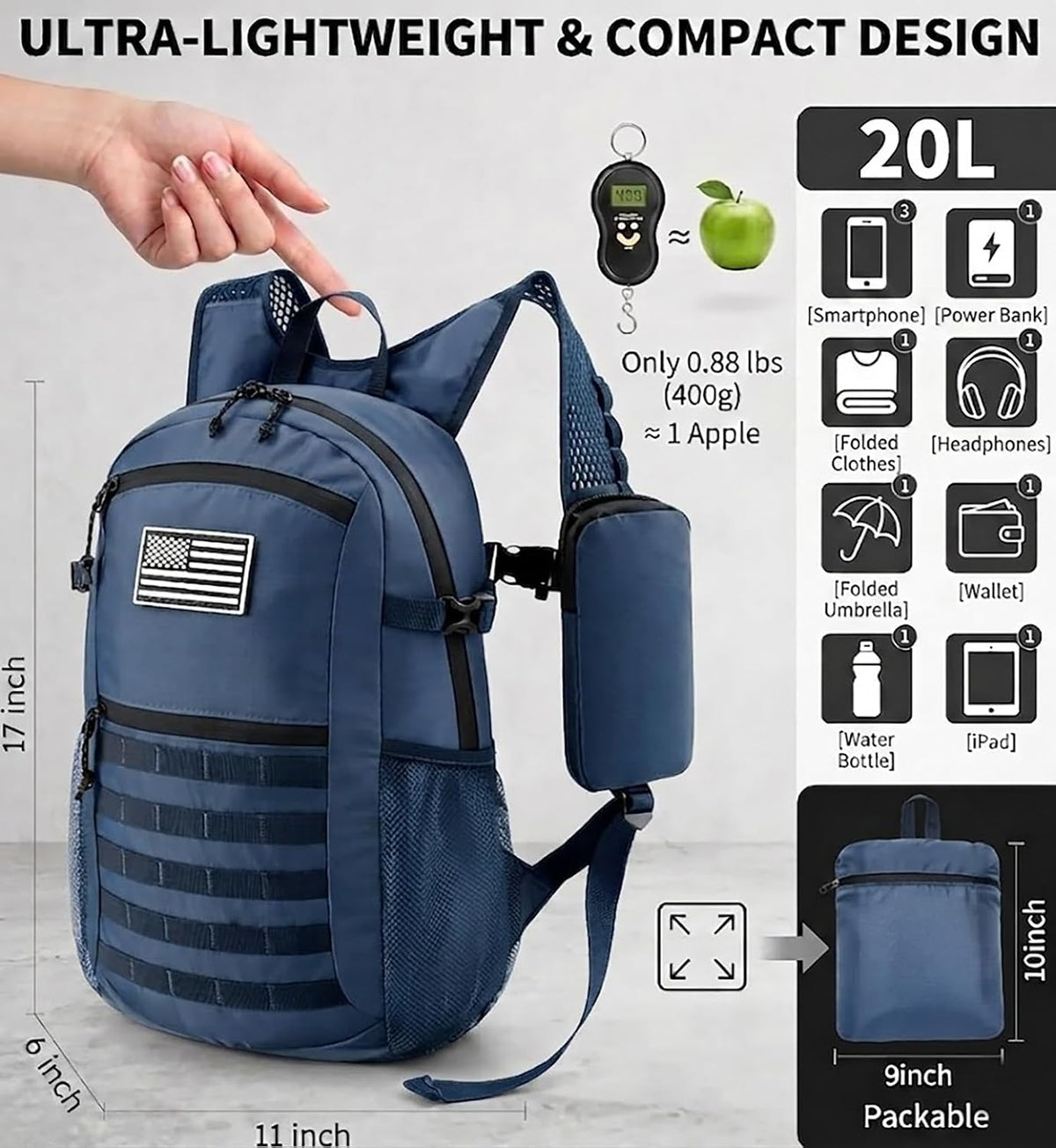 Small 20L Foldable Hiking Daypack for Men Women – Ultra Lightweight Tactical Packable Backpack for Travel, Camping Outdoor, Blue