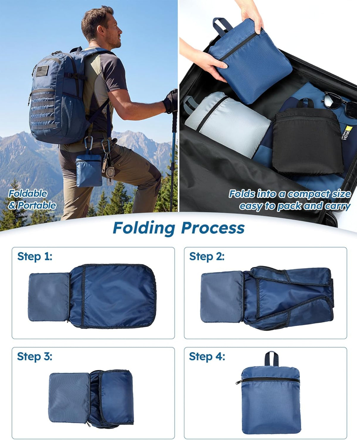 Small 20L Foldable Hiking Daypack for Men Women – Ultra Lightweight Tactical Packable Backpack for Travel, Camping Outdoor, Blue