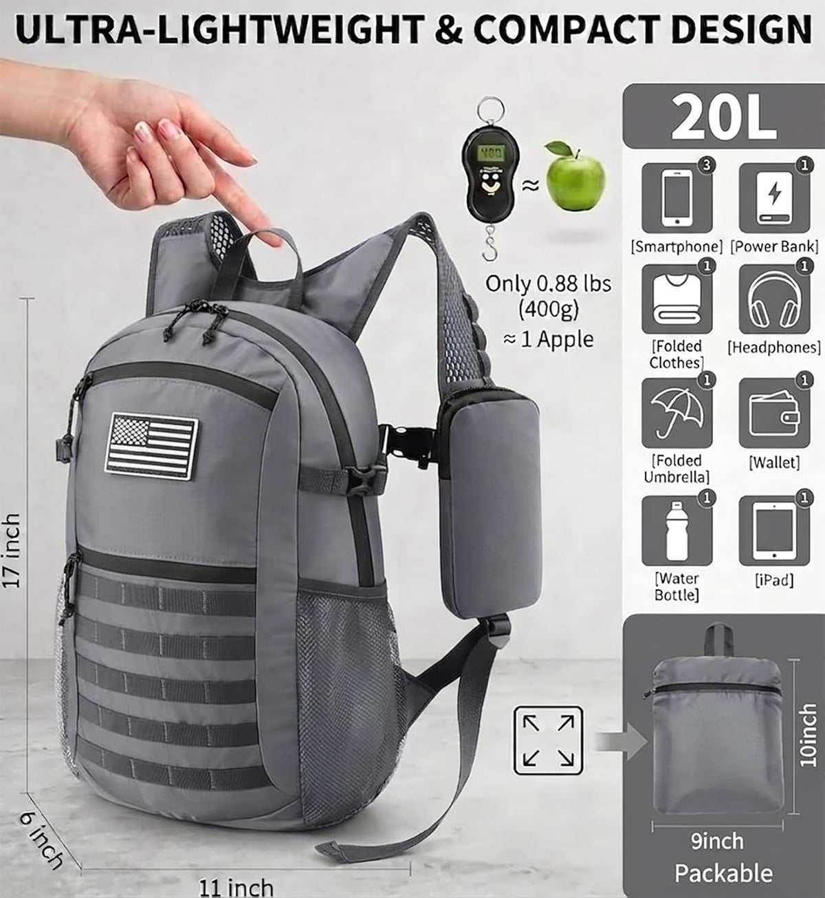 Small 20L Foldable Hiking Daypack for Men Women – Ultra Lightweight Tactical Packable Backpack for Travel, Camping Outdoor, Blue
