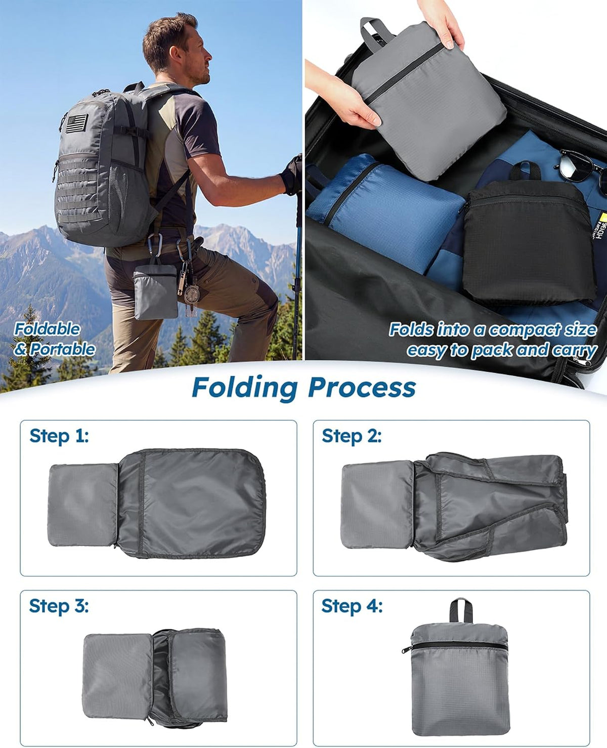Small 20L Foldable Hiking Daypack for Men Women – Ultra Lightweight Tactical Packable Backpack for Travel, Camping Outdoor, Blue