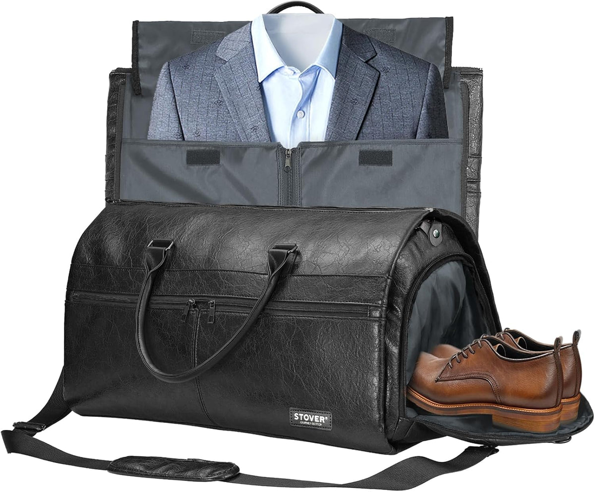 Garment Travel Duffle Bag, Large 2-in-1 Convertible Carry-on Luggage for Men & Women- Hanging Suits, Dresses & Clothes + Shoe Compartment- Weekender Tote Combo Duffel (Brown Leatherette)