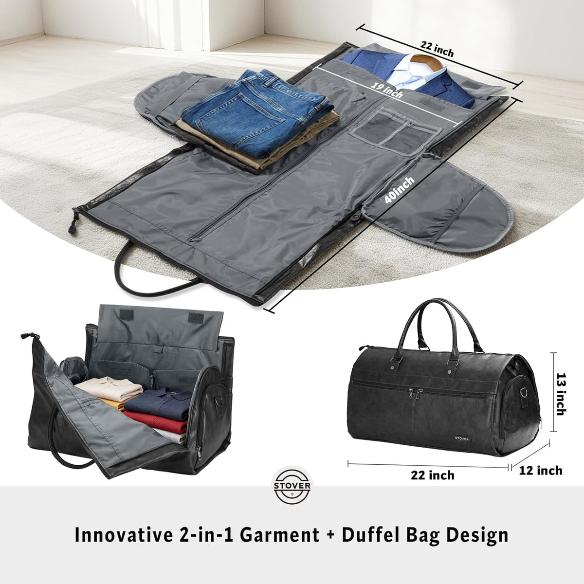 Garment Travel Duffle Bag, Large 2-in-1 Convertible Carry-on Luggage for Men & Women- Hanging Suits, Dresses & Clothes + Shoe Compartment- Weekender Tote Combo Duffel (Brown Leatherette)
