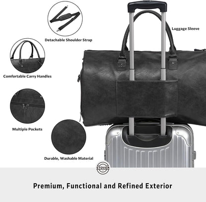 Garment Travel Duffle Bag, Large 2-in-1 Convertible Carry-on Luggage for Men & Women- Hanging Suits, Dresses & Clothes + Shoe Compartment- Weekender Tote Combo Duffel (Brown Leatherette)