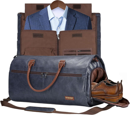 Garment Travel Duffle Bag, Large 2-in-1 Convertible Carry-on Luggage for Men & Women- Hanging Suits, Dresses & Clothes + Shoe Compartment- Weekender Tote Combo Duffel (Brown Leatherette)