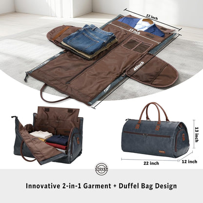 Garment Travel Duffle Bag, Large 2-in-1 Convertible Carry-on Luggage for Men & Women- Hanging Suits, Dresses & Clothes + Shoe Compartment- Weekender Tote Combo Duffel (Brown Leatherette)