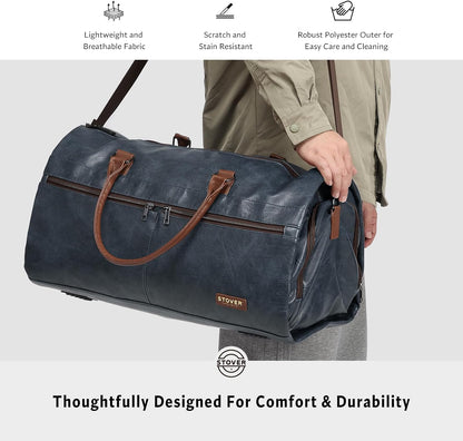 Garment Travel Duffle Bag, Large 2-in-1 Convertible Carry-on Luggage for Men & Women- Hanging Suits, Dresses & Clothes + Shoe Compartment- Weekender Tote Combo Duffel (Brown Leatherette)