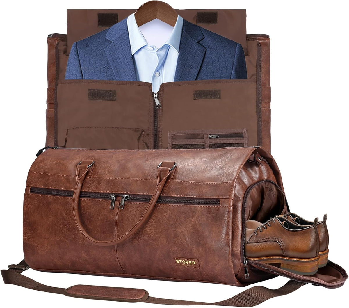 Garment Travel Duffle Bag, Large 2-in-1 Convertible Carry-on Luggage for Men & Women- Hanging Suits, Dresses & Clothes + Shoe Compartment- Weekender Tote Combo Duffel (Brown Leatherette)