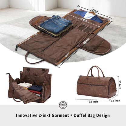 Garment Travel Duffle Bag, Large 2-in-1 Convertible Carry-on Luggage for Men & Women- Hanging Suits, Dresses & Clothes + Shoe Compartment- Weekender Tote Combo Duffel (Brown Leatherette)