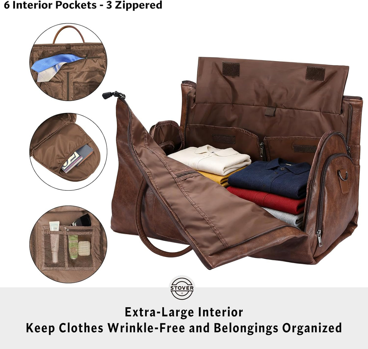 Garment Travel Duffle Bag, Large 2-in-1 Convertible Carry-on Luggage for Men & Women- Hanging Suits, Dresses & Clothes + Shoe Compartment- Weekender Tote Combo Duffel (Brown Leatherette)