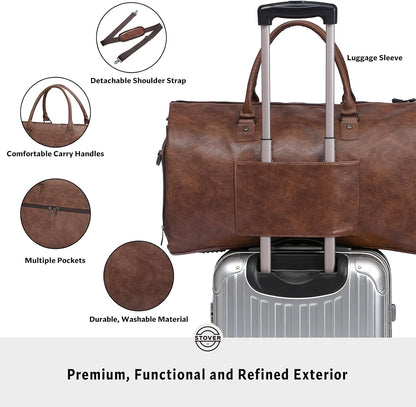 Garment Travel Duffle Bag, Large 2-in-1 Convertible Carry-on Luggage for Men & Women- Hanging Suits, Dresses & Clothes + Shoe Compartment- Weekender Tote Combo Duffel (Brown Leatherette)