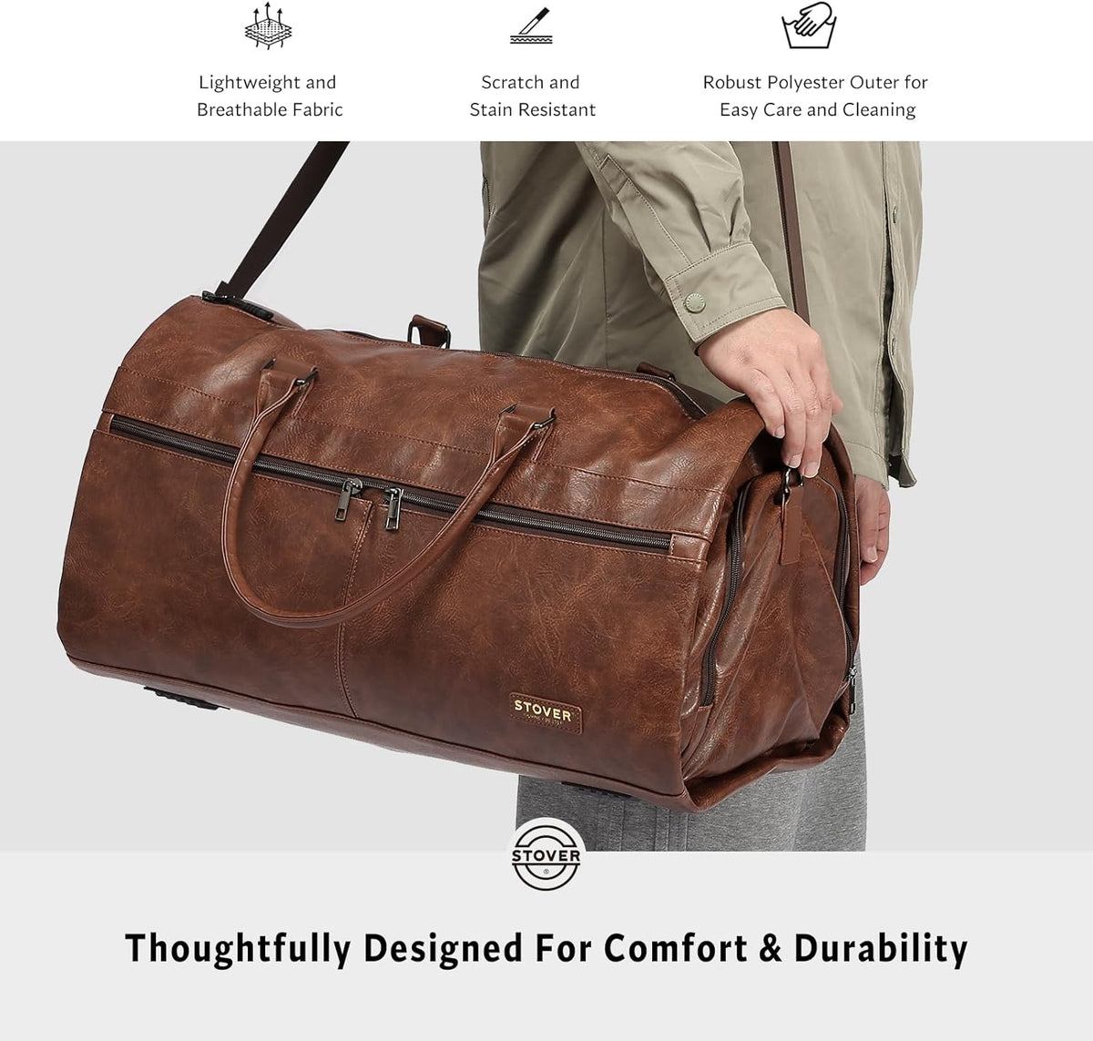 Garment Travel Duffle Bag, Large 2-in-1 Convertible Carry-on Luggage for Men & Women- Hanging Suits, Dresses & Clothes + Shoe Compartment- Weekender Tote Combo Duffel (Brown Leatherette)