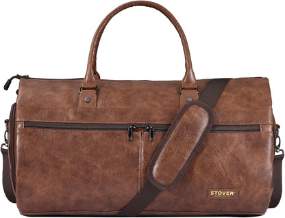 Garment Travel Duffle Bag, Large 2-in-1 Convertible Carry-on Luggage for Men & Women- Hanging Suits, Dresses & Clothes + Shoe Compartment- Weekender Tote Combo Duffel (Brown Leatherette)
