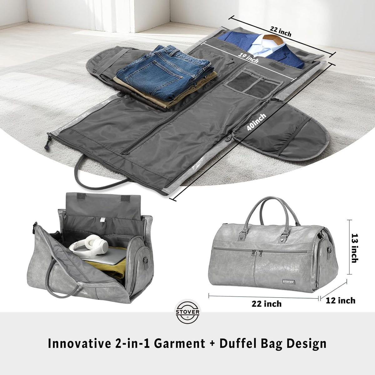 Garment Travel Duffle Bag, Large 2-in-1 Convertible Carry-on Luggage for Men & Women- Hanging Suits, Dresses & Clothes + Shoe Compartment- Weekender Tote Combo Duffel (Brown Leatherette)