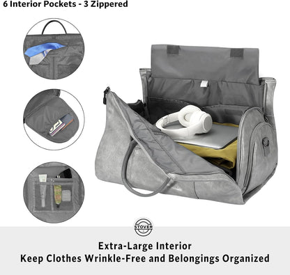 Garment Travel Duffle Bag, Large 2-in-1 Convertible Carry-on Luggage for Men & Women- Hanging Suits, Dresses & Clothes + Shoe Compartment- Weekender Tote Combo Duffel (Brown Leatherette)