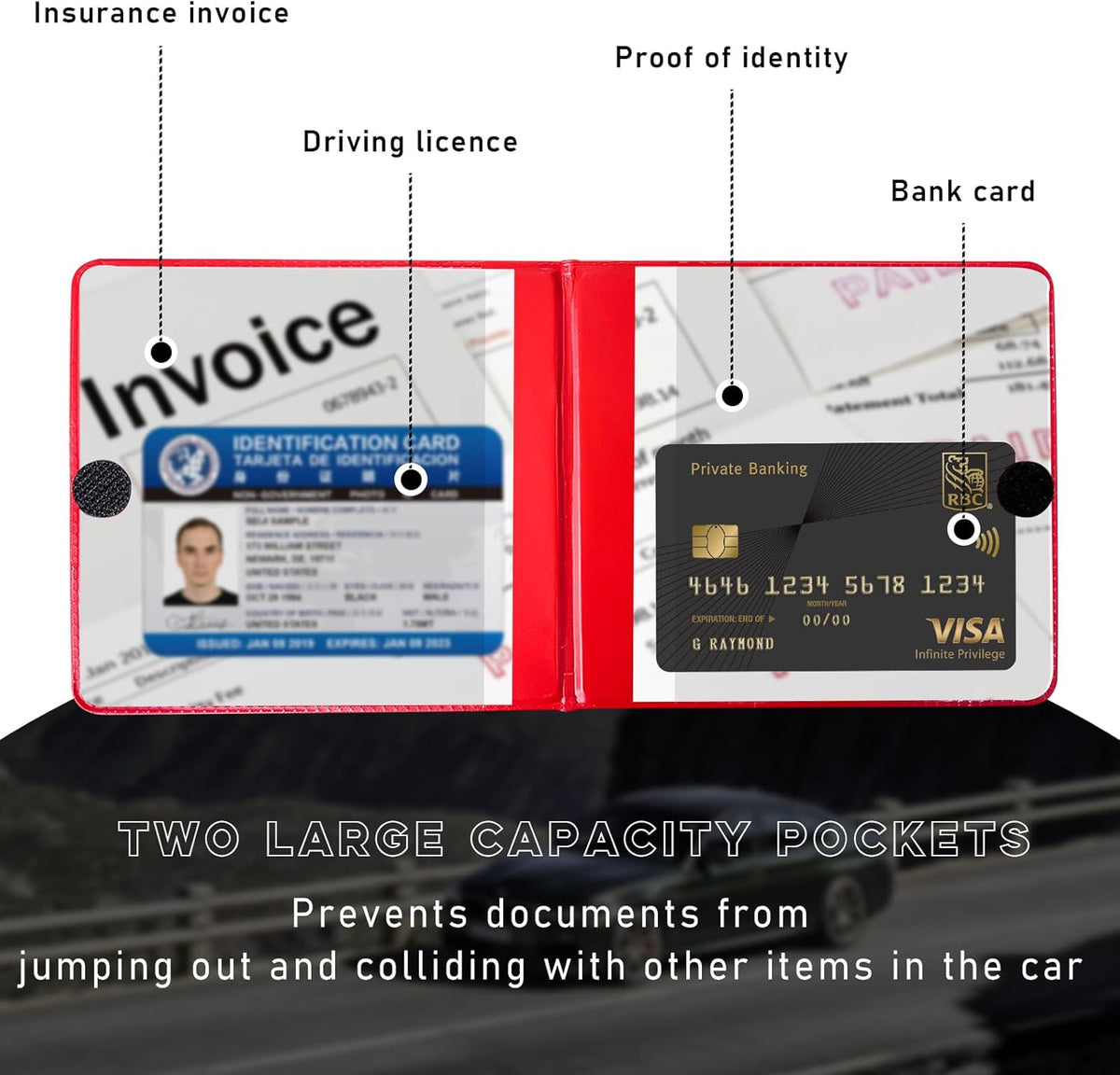 Car Registration and Insurance Holder, 5.2"× 4.7" Premium Auto Glove Box Organizer with Closure, Essential Vehicle Document Holder for Card, Driver License (Red)