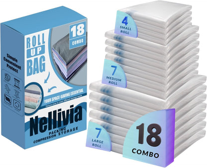 18 Pack Compression Bags for Travel, Roll Up Space Saver Bags for Clothes Storage, Vacuum Storage Bags Compact Packing travel organizer for Luggage, Suitcase, Backpack