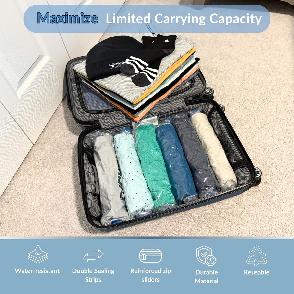 18 Pack Compression Bags for Travel, Roll Up Space Saver Bags for Clothes Storage, Vacuum Storage Bags Compact Packing travel organizer for Luggage, Suitcase, Backpack
