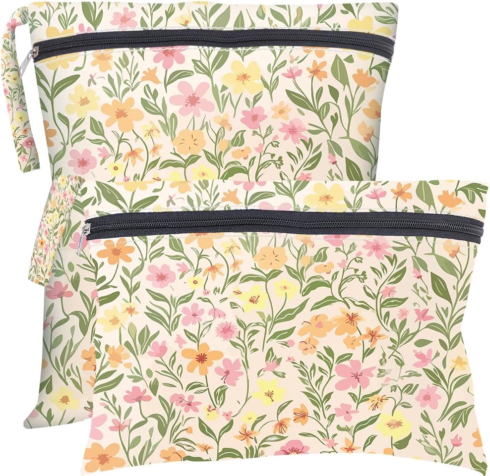 2Pcs 2 Sizes Floral Wet Bag Beach Wet Dry Bags Flower Pattern Polyester Waterproof Sandproof Reusable Storage Zipper Pouches for Friends Swimsuit Travel Dirty Diaper Clothes Birthday Gifts