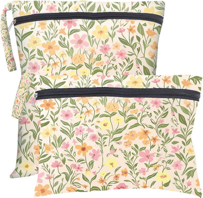 2Pcs 2 Sizes Floral Wet Bag Beach Wet Dry Bags Flower Pattern Polyester Waterproof Sandproof Reusable Storage Zipper Pouches for Friends Swimsuit Travel Dirty Diaper Clothes Birthday Gifts
