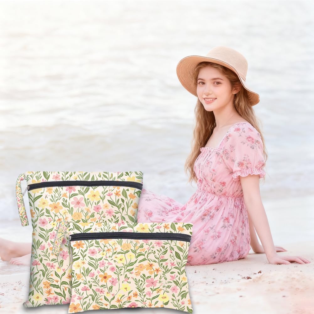 2Pcs 2 Sizes Floral Wet Bag Beach Wet Dry Bags Flower Pattern Polyester Waterproof Sandproof Reusable Storage Zipper Pouches for Friends Swimsuit Travel Dirty Diaper Clothes Birthday Gifts