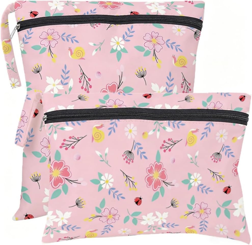 2Pcs 2 Sizes Floral Wet Bag Beach Wet Dry Bags Flower Pattern Polyester Waterproof Sandproof Reusable Storage Zipper Pouches for Friends Swimsuit Travel Dirty Diaper Clothes Birthday Gifts