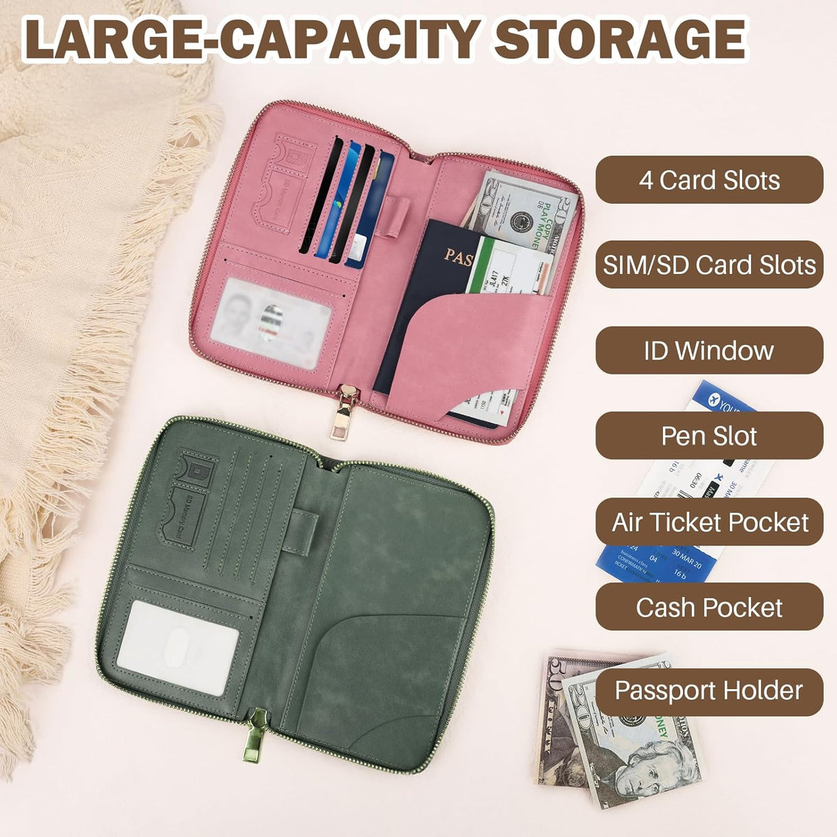 RFID Blocking Passport Wallet, PU Passport Holder for Travel, Pink | Anti Theft Wallet with Tracker Case, Concealed Travel Document Organizer, Wristlet Strap Zipper Pouch, Gifts for Women Men