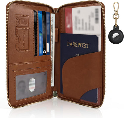 RFID Blocking Passport Wallet, PU Passport Holder for Travel, Pink | Anti Theft Wallet with Tracker Case, Concealed Travel Document Organizer, Wristlet Strap Zipper Pouch, Gifts for Women Men
