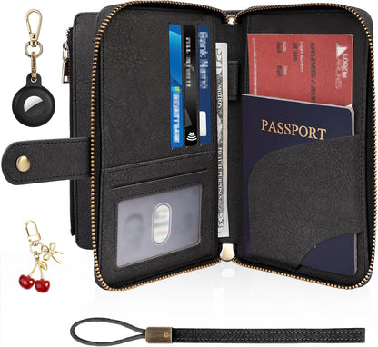 RFID Blocking Passport Wallet, PU Passport Holder for Travel, Pink | Anti Theft Wallet with Tracker Case, Concealed Travel Document Organizer, Wristlet Strap Zipper Pouch, Gifts for Women Men