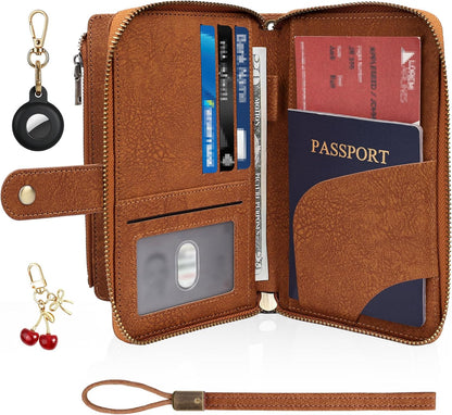 RFID Blocking Passport Wallet, PU Passport Holder for Travel, Pink | Anti Theft Wallet with Tracker Case, Concealed Travel Document Organizer, Wristlet Strap Zipper Pouch, Gifts for Women Men