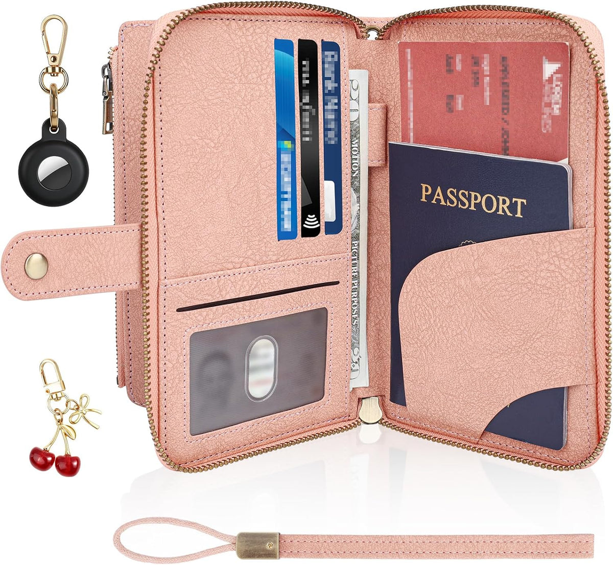 RFID Blocking Passport Wallet, PU Passport Holder for Travel, Pink | Anti Theft Wallet with Tracker Case, Concealed Travel Document Organizer, Wristlet Strap Zipper Pouch, Gifts for Women Men