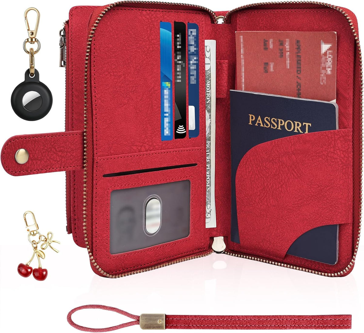 RFID Blocking Passport Wallet, PU Passport Holder for Travel, Pink | Anti Theft Wallet with Tracker Case, Concealed Travel Document Organizer, Wristlet Strap Zipper Pouch, Gifts for Women Men