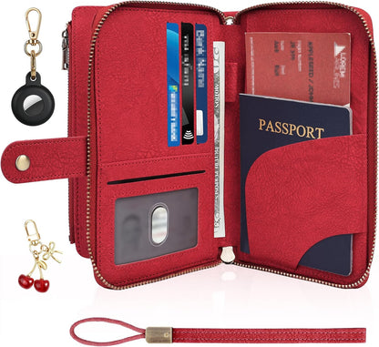 RFID Blocking Passport Wallet, PU Passport Holder for Travel, Pink | Anti Theft Wallet with Tracker Case, Concealed Travel Document Organizer, Wristlet Strap Zipper Pouch, Gifts for Women Men