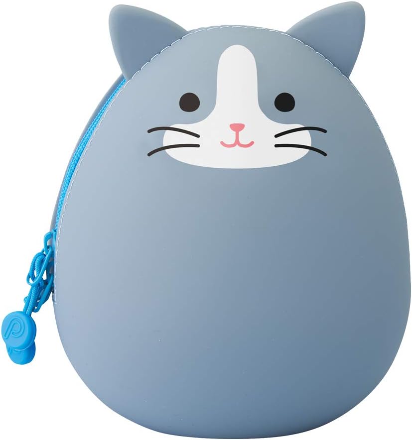 PuniLabo Zipper Pouch, Egg-Shaped, 3.8" x 4.7", Gray Cat (A7783-4), Large: 1.3 x 4.7 x 3.8 inches