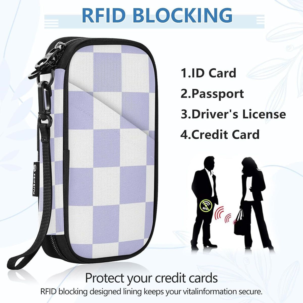 Travel Doc Organizer 21×14×3 CM | Water Resistant Oxford RFID Blocking Detachable Strap for Adults Vacation Lavender Check