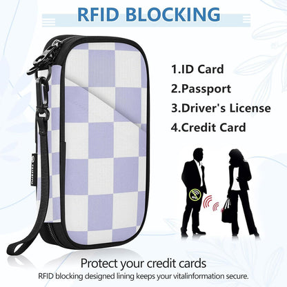 Travel Doc Organizer 21×14×3 CM | Water Resistant Oxford RFID Blocking Detachable Strap for Adults Vacation Lavender Check