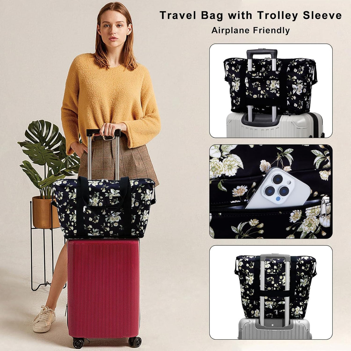 Expandable Duffel Bag for Women with Trolley Sleeve/Wet Pocket Weekender Travel Tote Large Carry On Overnight Luggage