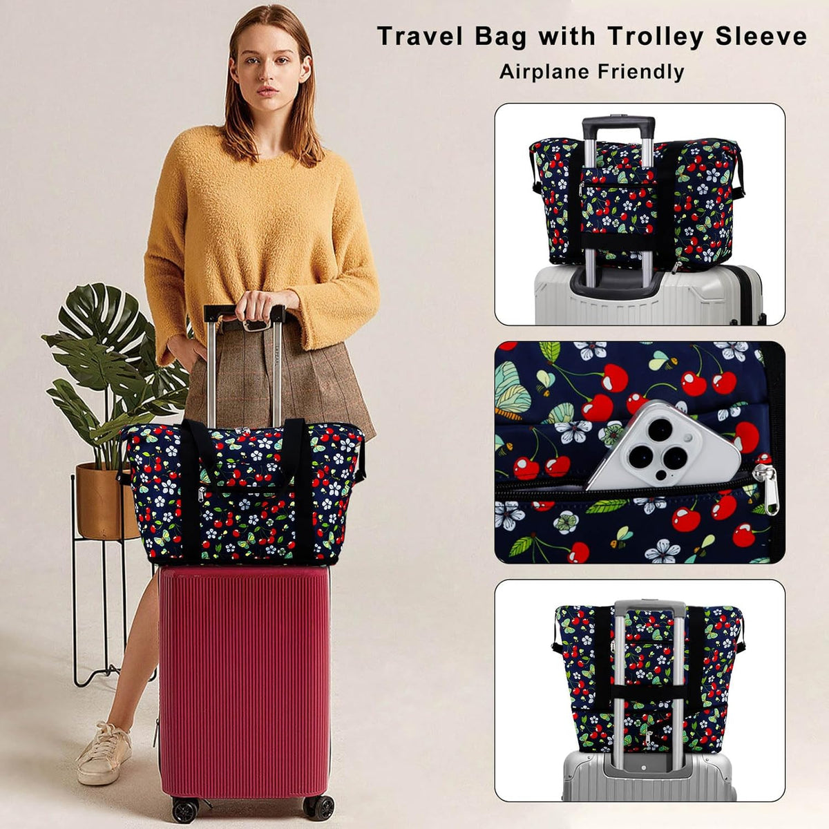 Expandable Duffel Bag for Women with Trolley Sleeve/Wet Pocket Weekender Travel Tote Large Carry On Overnight Luggage