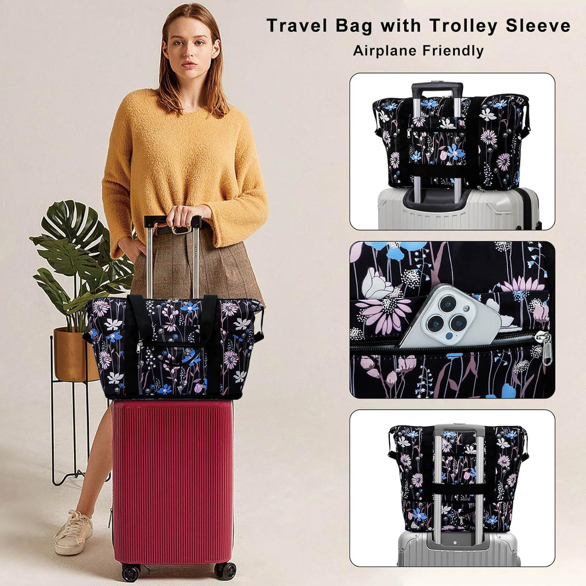 Expandable Duffel Bag for Women with Trolley Sleeve/Wet Pocket Weekender Travel Tote Large Carry On Overnight Luggage