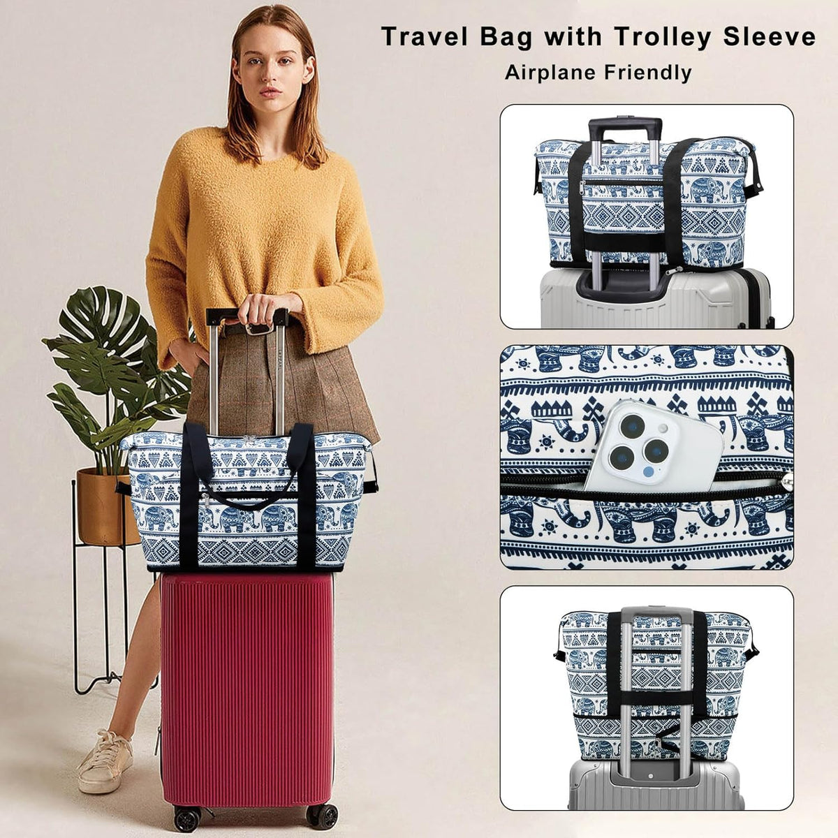 Expandable Duffel Bag for Women with Trolley Sleeve/Wet Pocket Weekender Travel Tote Large Carry On Overnight Luggage