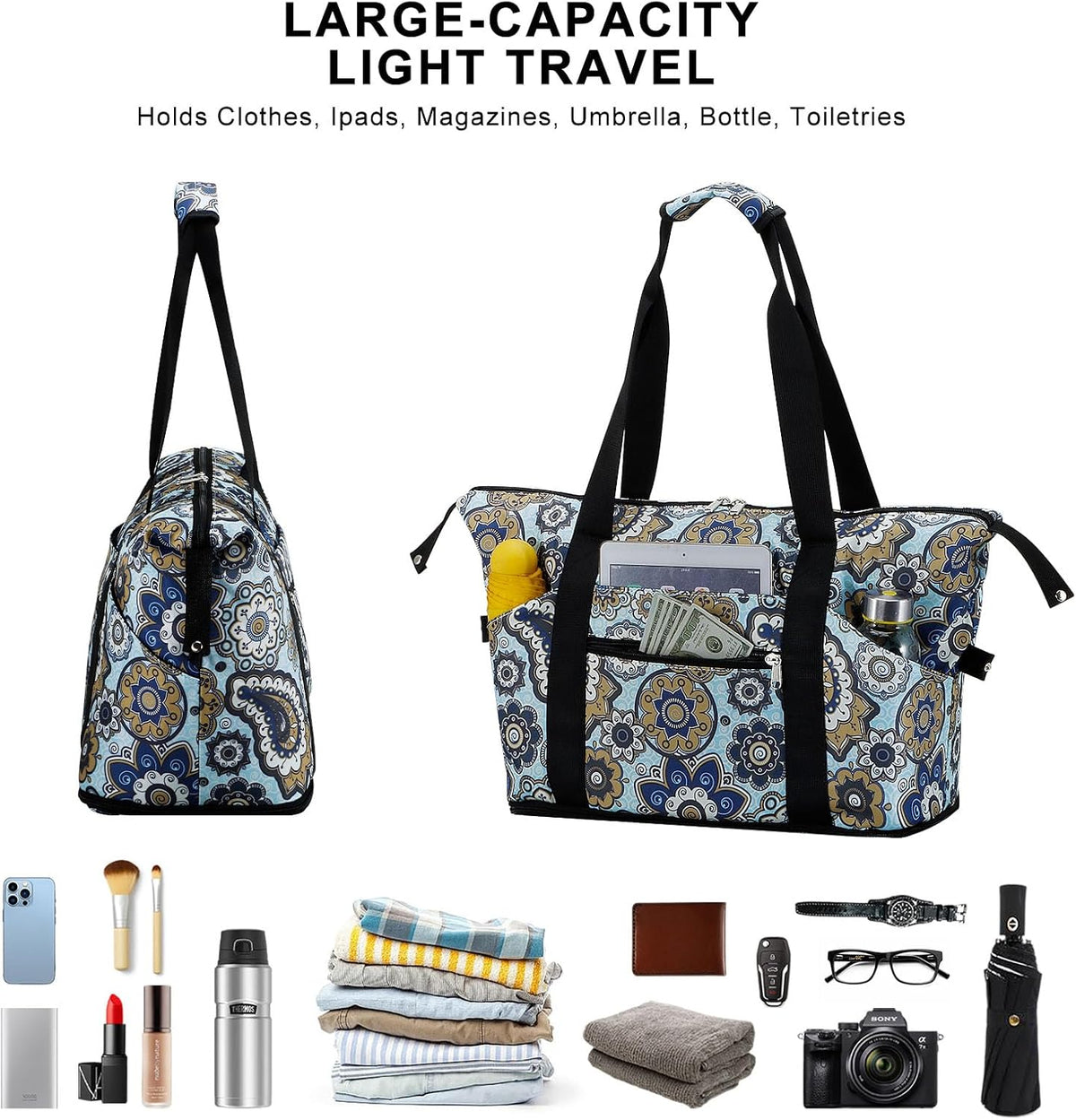 Expandable Duffel Bag for Women with Trolley Sleeve/Wet Pocket Weekender Travel Tote Large Carry On Overnight Luggage