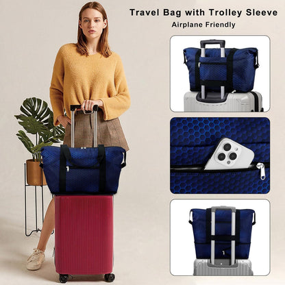 Expandable Duffel Bag for Women with Trolley Sleeve/Wet Pocket Weekender Travel Tote Large Carry On Overnight Luggage